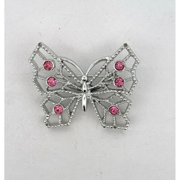 Estate Butterfly Brooch Silver Tone Pink Crystal Wings 1.81" x 1.41" 17.3g - Picture 1 of 5